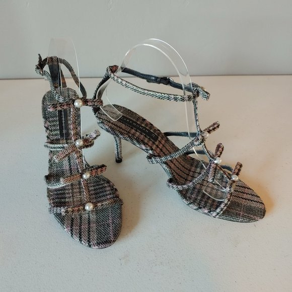 Zara Multicolor Plaid Sandals with Pearl Accents - Picture 7 of 10